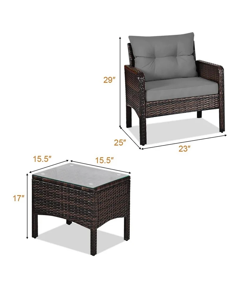 Yiortwo 3-Piece Patio Pe Wicker Furniture Set with Cushions and Glass Table