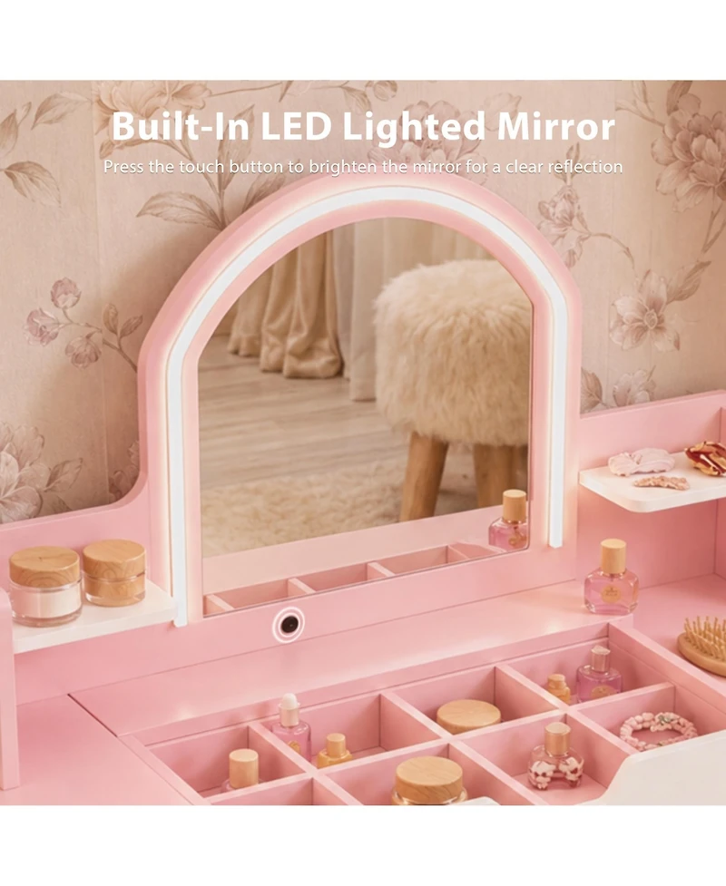 Kinder King Led-Lighted Mirror Vanity Set with Storage Drawer and Stool, 2-Piece, Ages 3+