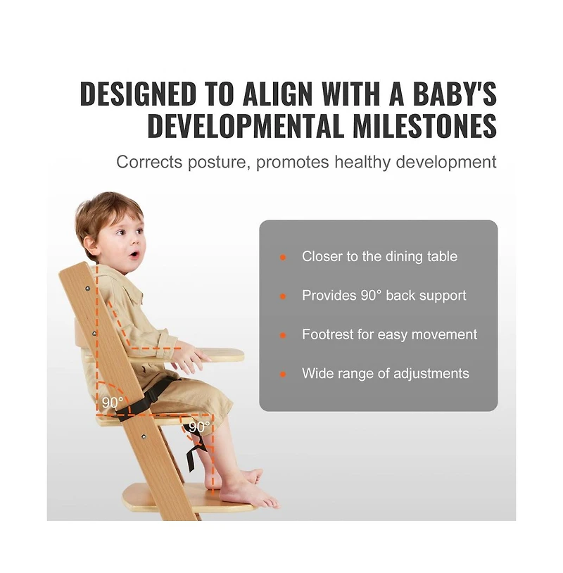 Slickblue Kids Grow With Wooden High Chair, Portable Feeding Seat with Adjustable Height and Footrest-Light Brown