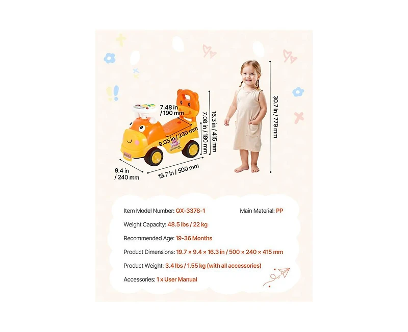 Yobtop Ride On Toddler Push Car- Kids Ride On Toy with Horn and Music,48.5 lbs Load Capacity,Under-seat Storage for Boys Girls