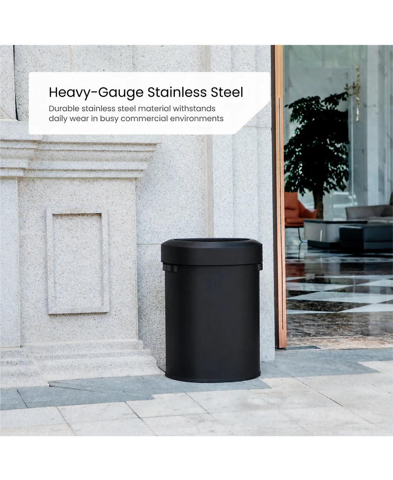 Home Zone Living 18 Gallon Stainless Steel Open Top Trash Can with Semi-Round Flat Back, Black, 68 Liters