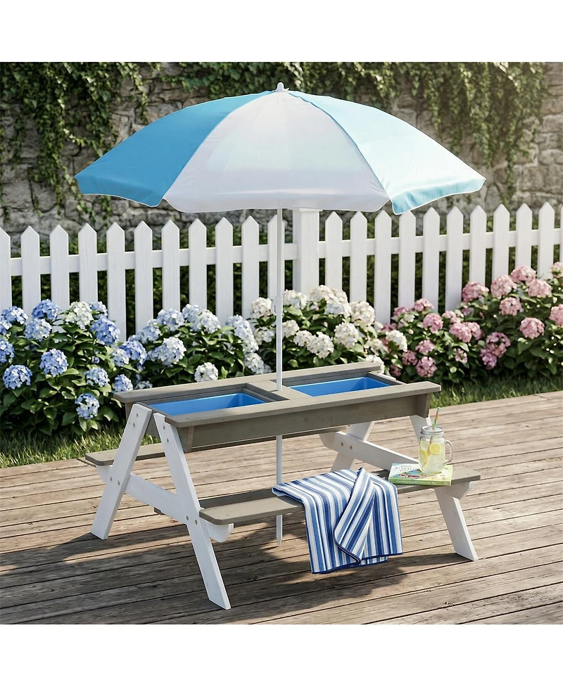Yobtop Wooden 3-in-1 Sand and Water Picnic Table with Umbrella, Seats 4, Ages 3-8