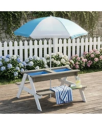 Yobtop Wooden 3-in-1 Sand and Water Picnic Table with Umbrella, Seats 4, Ages 3-8