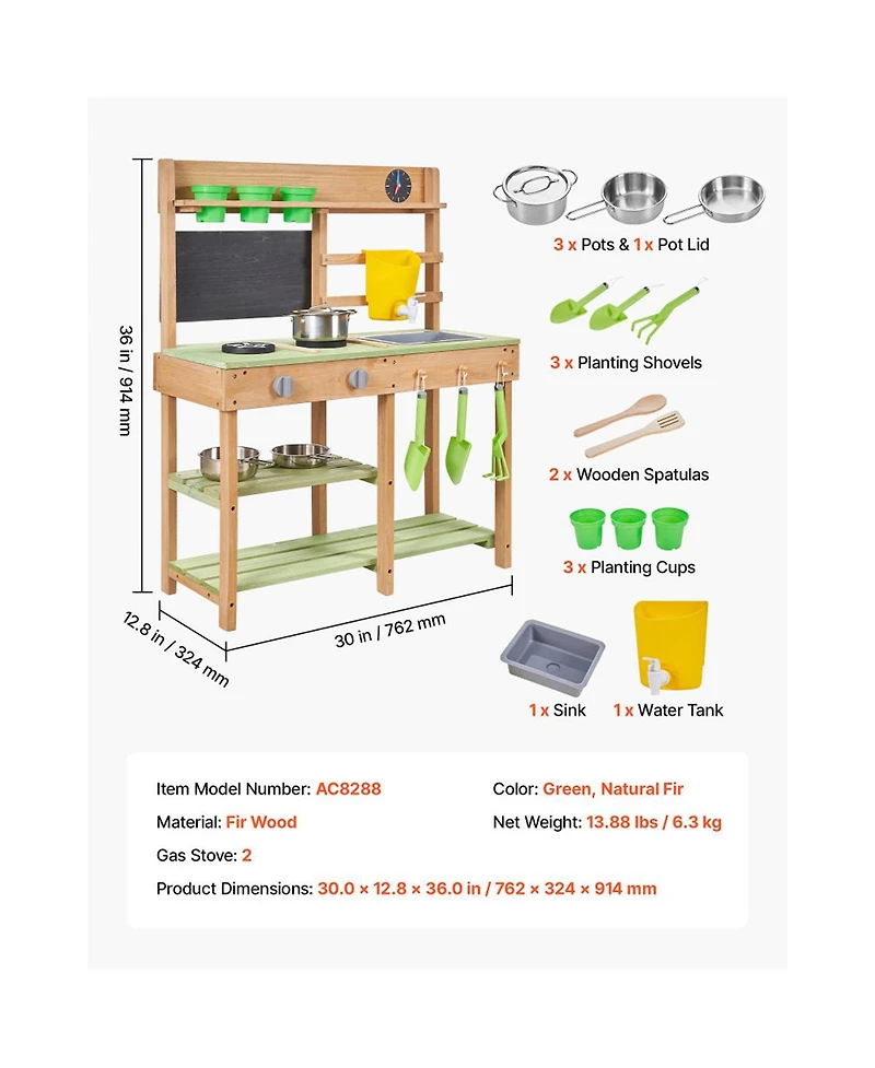 Yobtop Outdoor Wooden Dual-Stove 12-Piece Mud Kitchen Set, Ages 3+