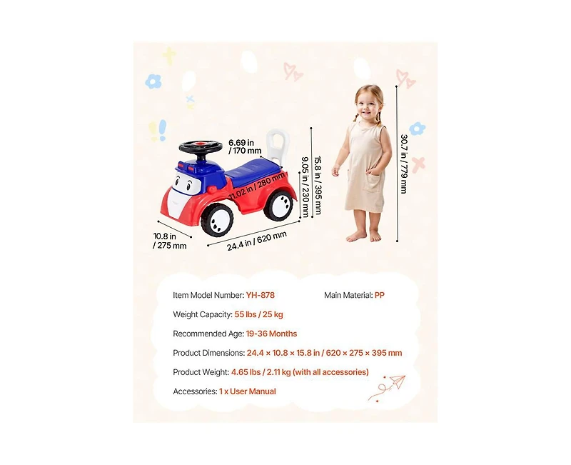 Yobtop Ride On Toddler Push Car for 19 to 36 Months - Kids Ride On Toy with Music, Under-seat Storage, 55 lbs Load Capacity, Foot-to-Floor Walker