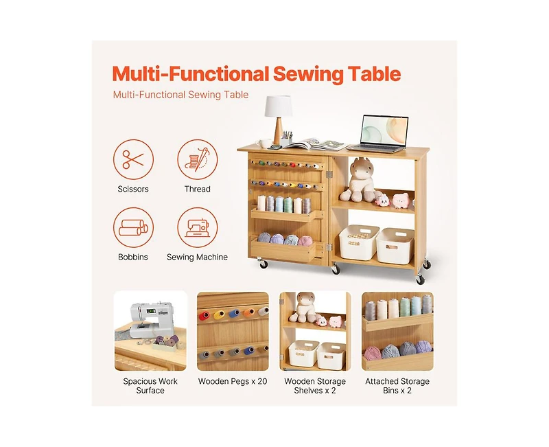 Yobtop Generic for Folding Sewing Machine Table - Multipurpose Compact Design with Wheels Shelves Storage Trays Wooden Pegs and Magnetic Doors