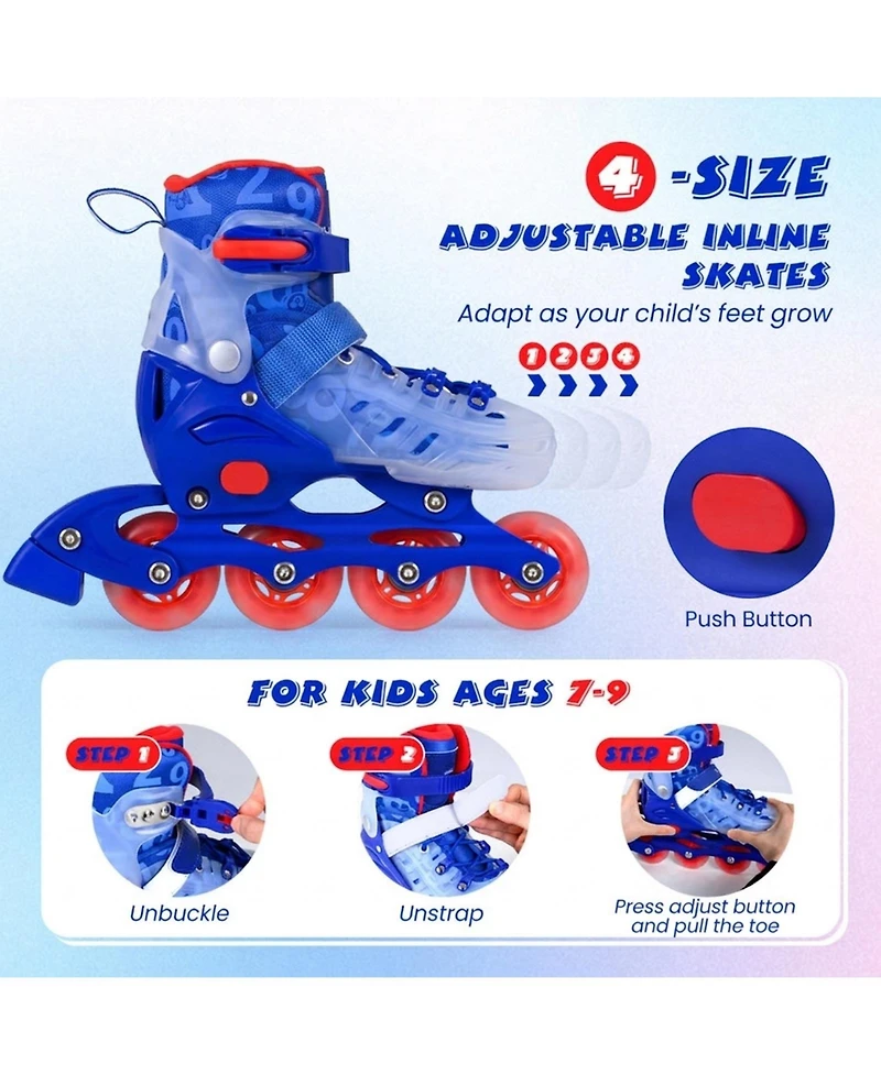Sugift Kids Inline Skates with Push-Button 4-Size Expansion and Illuminating Wheels Ages 7-9