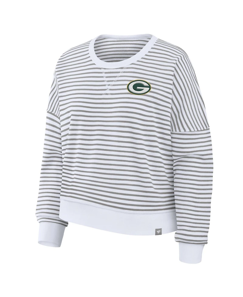 Fanatics Women's White/Gray Green Bay Packers Striped Oversized French Terry Sweatshirt