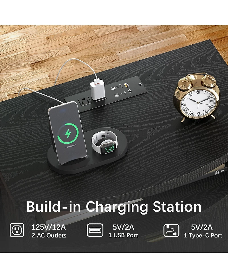 Vlsrka Modern Nightstand With Human Sensor Light, Charging Station, Lockable Drawer