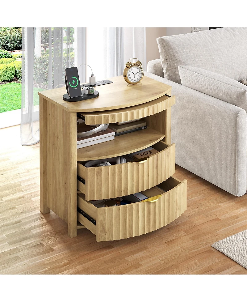 Vlsrka Modern Nightstand With Human Sensor Light, Charging Station, Lockable Drawer