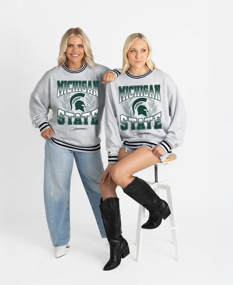Gameday Couture Women's Ash Michigan State Spartans Oversized Fade Route Ringer Stripe Sweatshirt