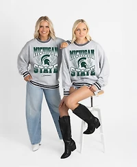 Gameday Couture Women's Ash Michigan State Spartans Oversized Fade Route Ringer Stripe Sweatshirt