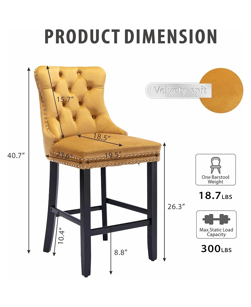 Rainsken Velvet Upholstered Bar Stools Set of 2 - Button Tufted Decoration, Nailhead Trim and Wooden Legs, Counter Height Chairs for Home Pub