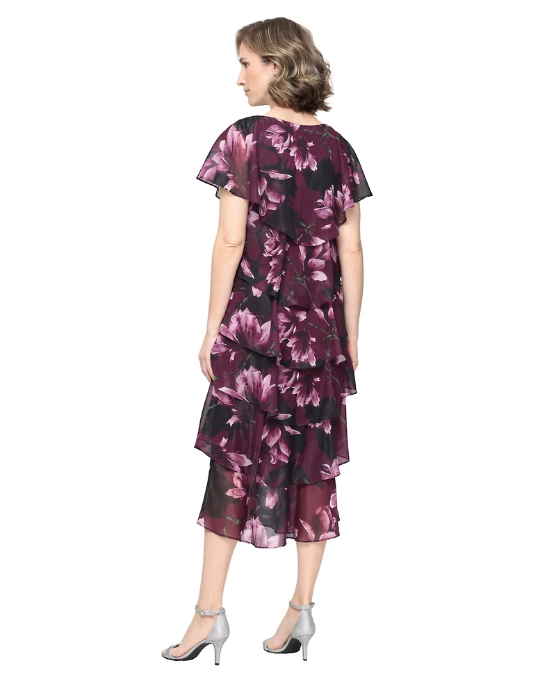 Sl Fashions Women's Floral-Print Tiered V-Neck Dress
