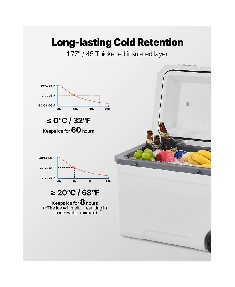 Sugift 45 Qt Wheeled Hard Cooler with 60 Hour Ice Retention and Side Pull Handle