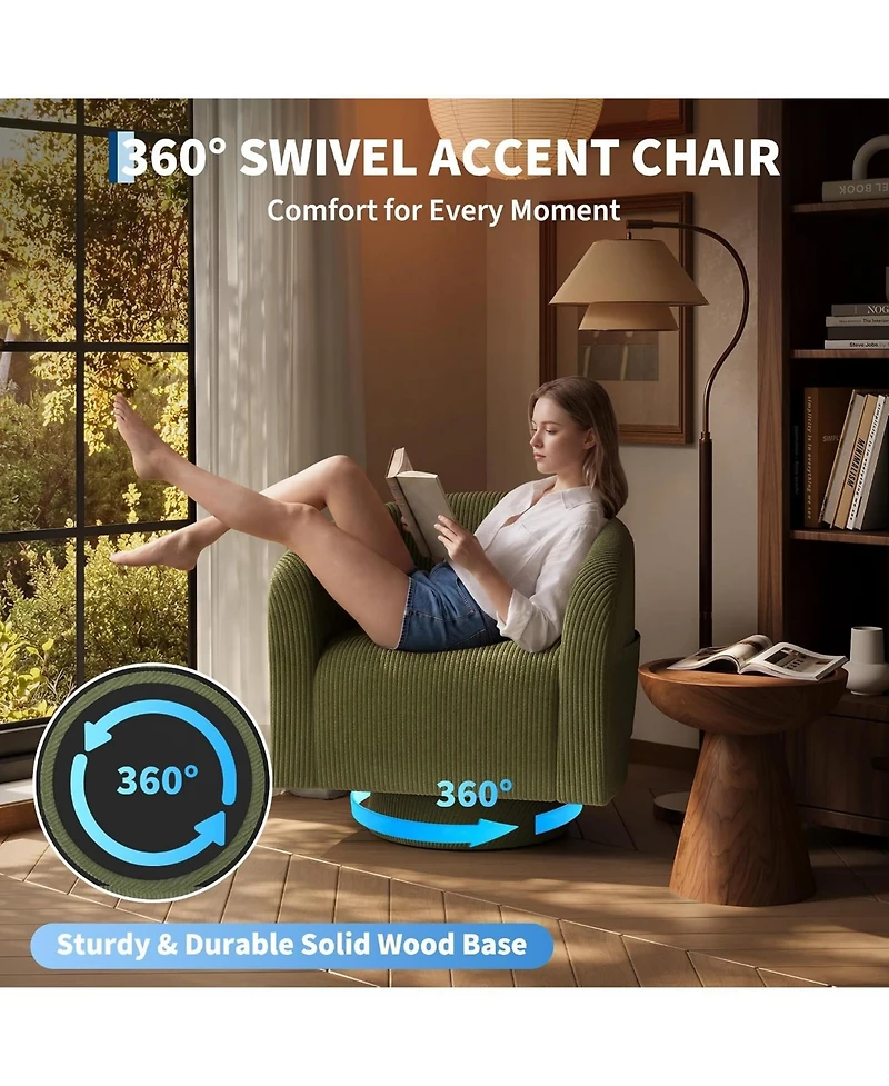 gaomon Modern 360 Degree Swivel Accent Corduroy Barrel Chair for Living Room Bedroom Small Space, Green