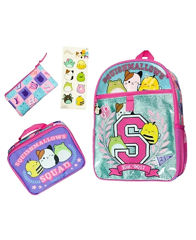 Squishmallows Backpack 16 Inch Squad 5 Piece Set Bookbag with Detachable Lunch Box