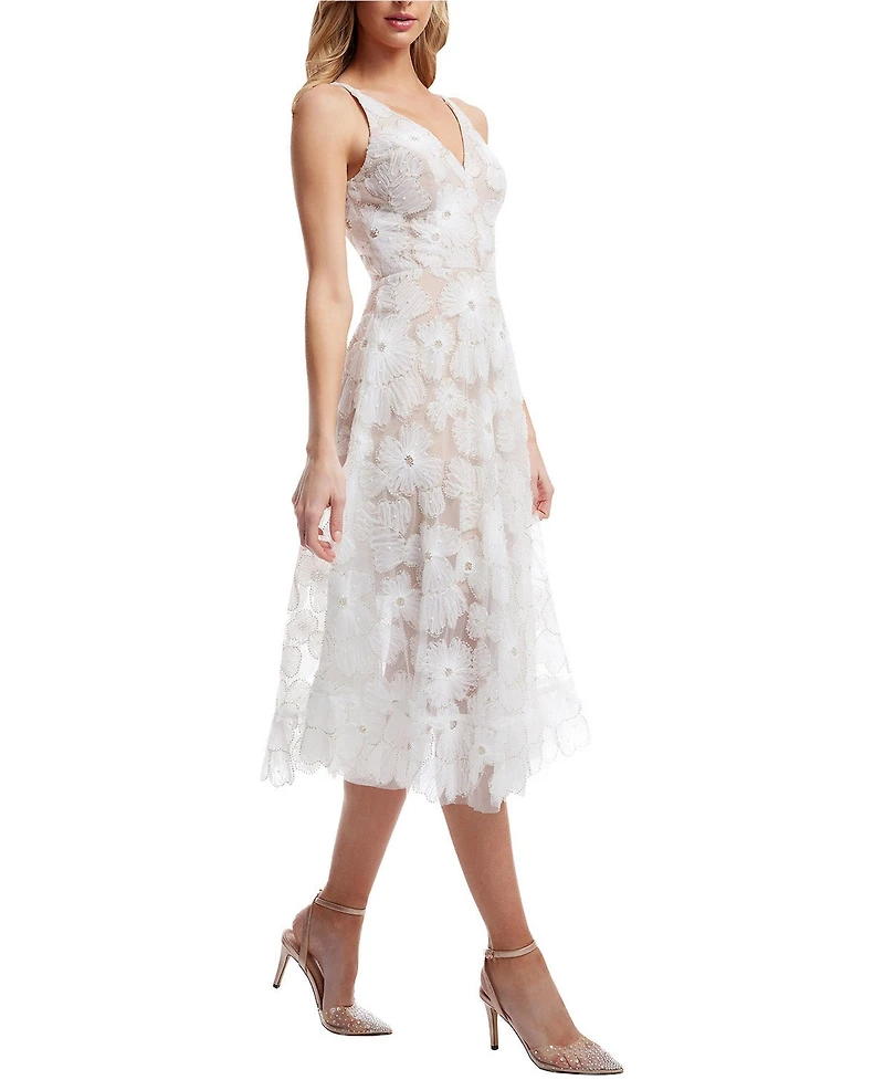 Dress The Population Women's Blair V-Neck 3D Floral Embroidered Fit and Flare Dress