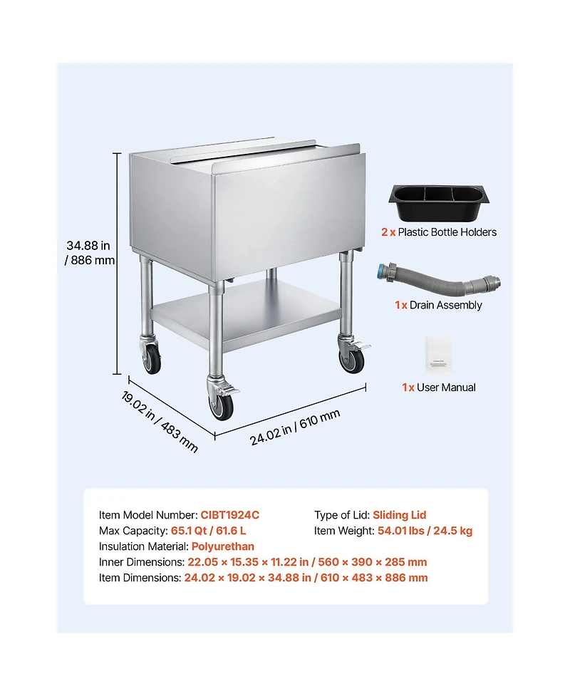 Sugift 65.1 Quart Nsf Certified Stainless Steel Commercial Ice Bin with Sliding Lid and Bottle Holders