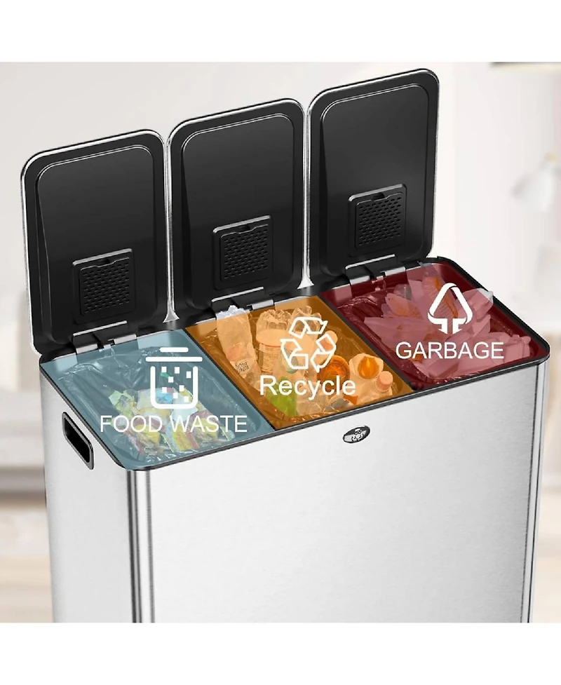 gaomon 3x30L Stainless Steel Recycling Trash Can with Soft Close Pedal Lids, Kitchen Bin for Home, Office