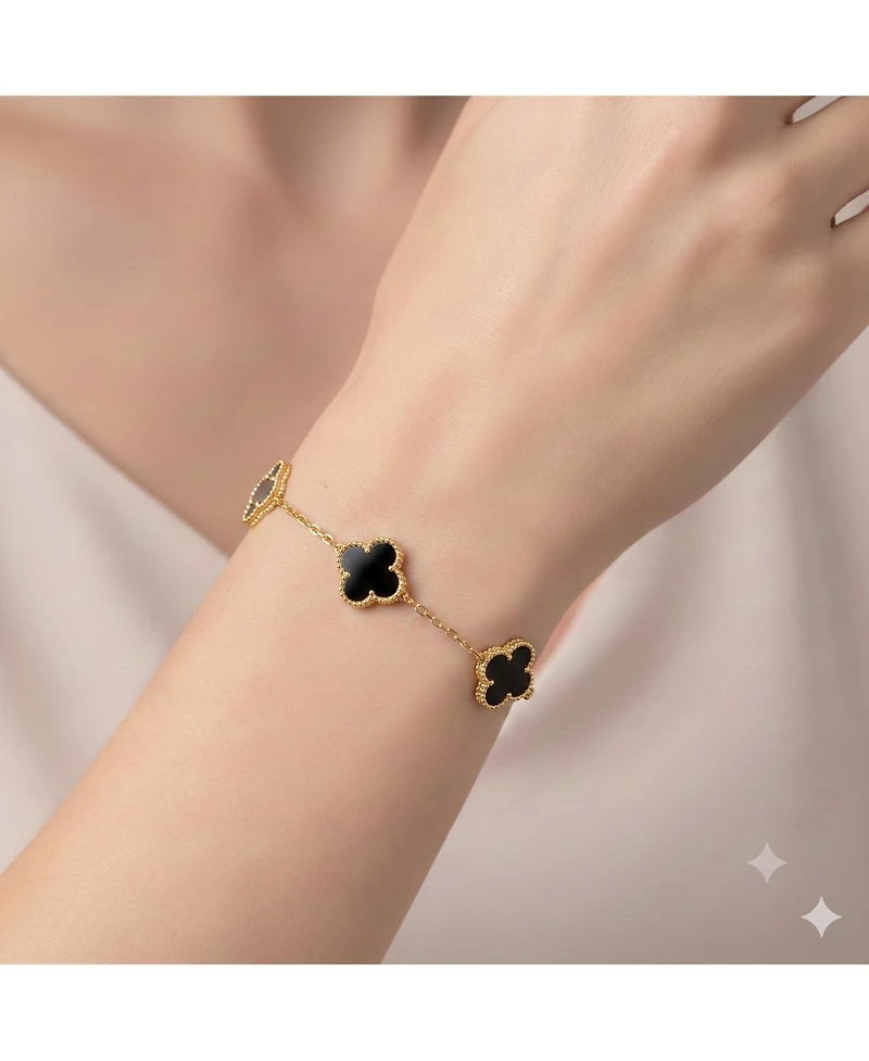 Simona Sterling Silver, Onyx Clover, Beaded Outline Bracelet