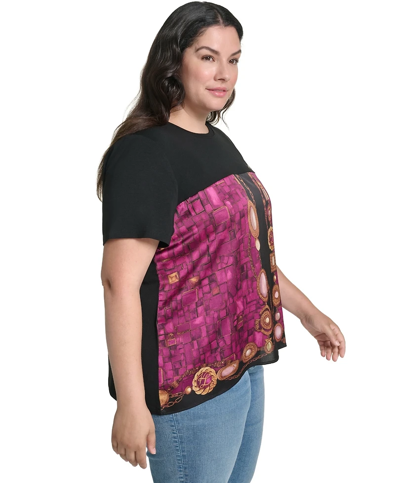 Karl Lagerfeld Paris Plus Gemstone Knit Placed-Print Crewneck Blouse