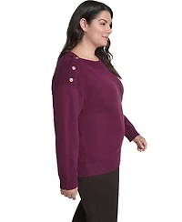 Karl Lagerfeld Paris Plus Boatneck Button Shoulder Overlay Sweater