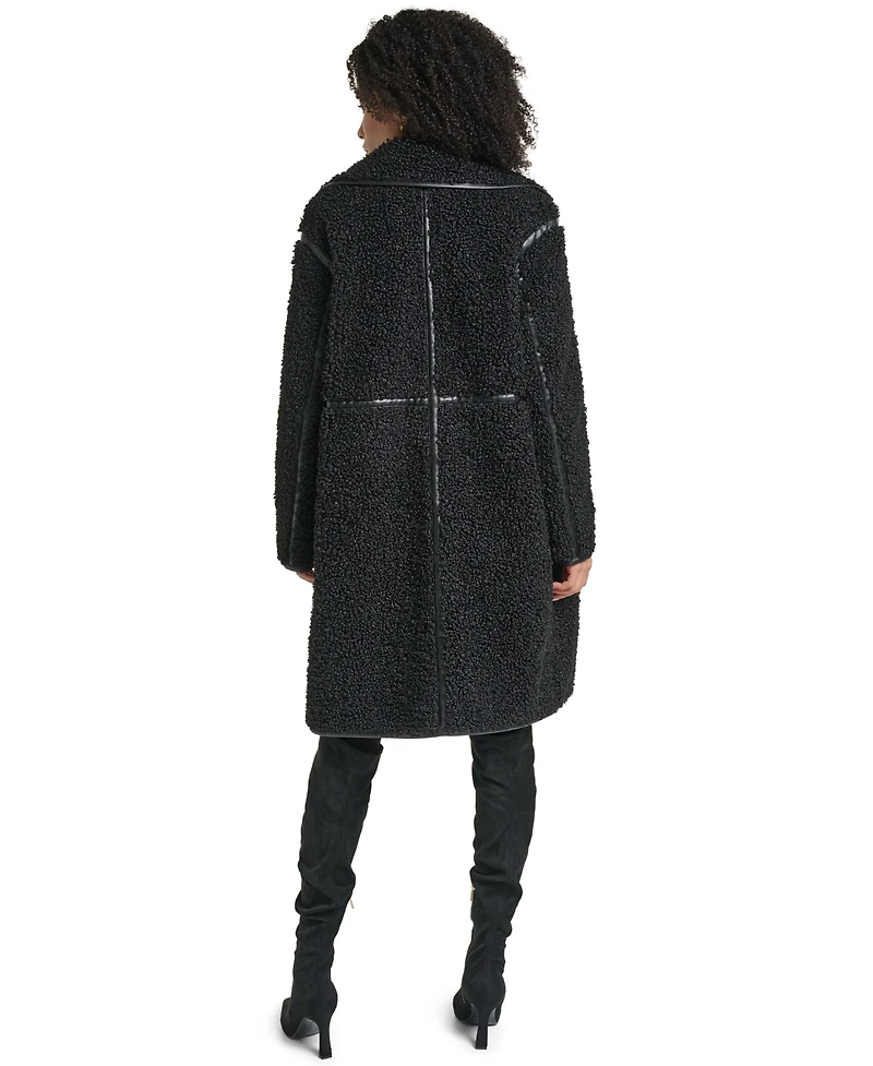 Karl Lagerfeld Paris Women's Faux-Leather-Trim Teddy Coat