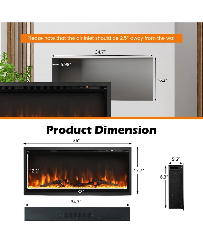 Ecooso Electric Fireplace in-Wall Recessed with Remote Control and Adjustable Color and Brightness