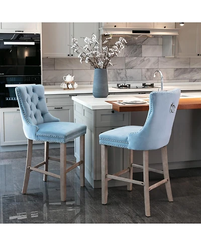 Flynama Set of 2 Mid-Century Bar Stools with High Back and Nailhead Trim, Solid Wood Legs