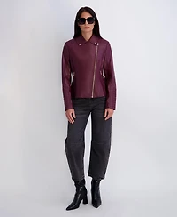 Kensie Women's Faux Leather Moto Jacket With Peplum Hem And Quilted Sleeve Detail