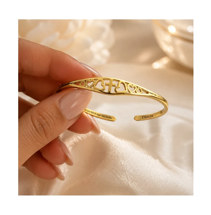 Dloria Cross and Heart faith Engraved Adjustable Cuff Bracelet-"Let your be bigger than fear"