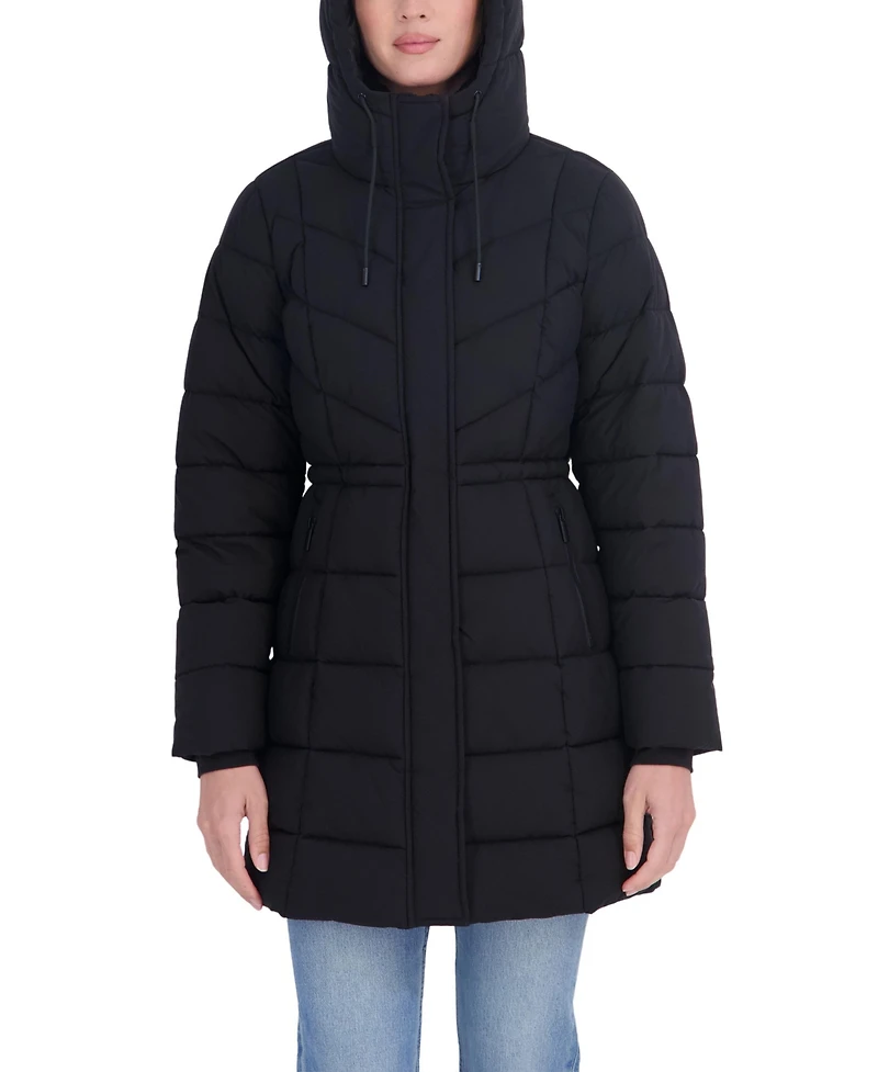 Sebby Collection Women's 3/4 Hooded Anorak Stretch Puffer Coat