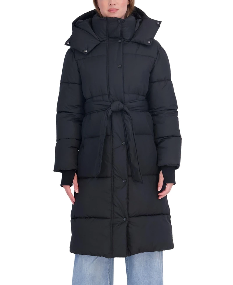 Sebby Collection Women's Long Hooded Belted Puffer Coat