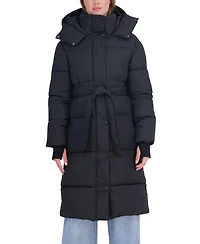 Sebby Collection Women's Long Hooded Belted Puffer Coat