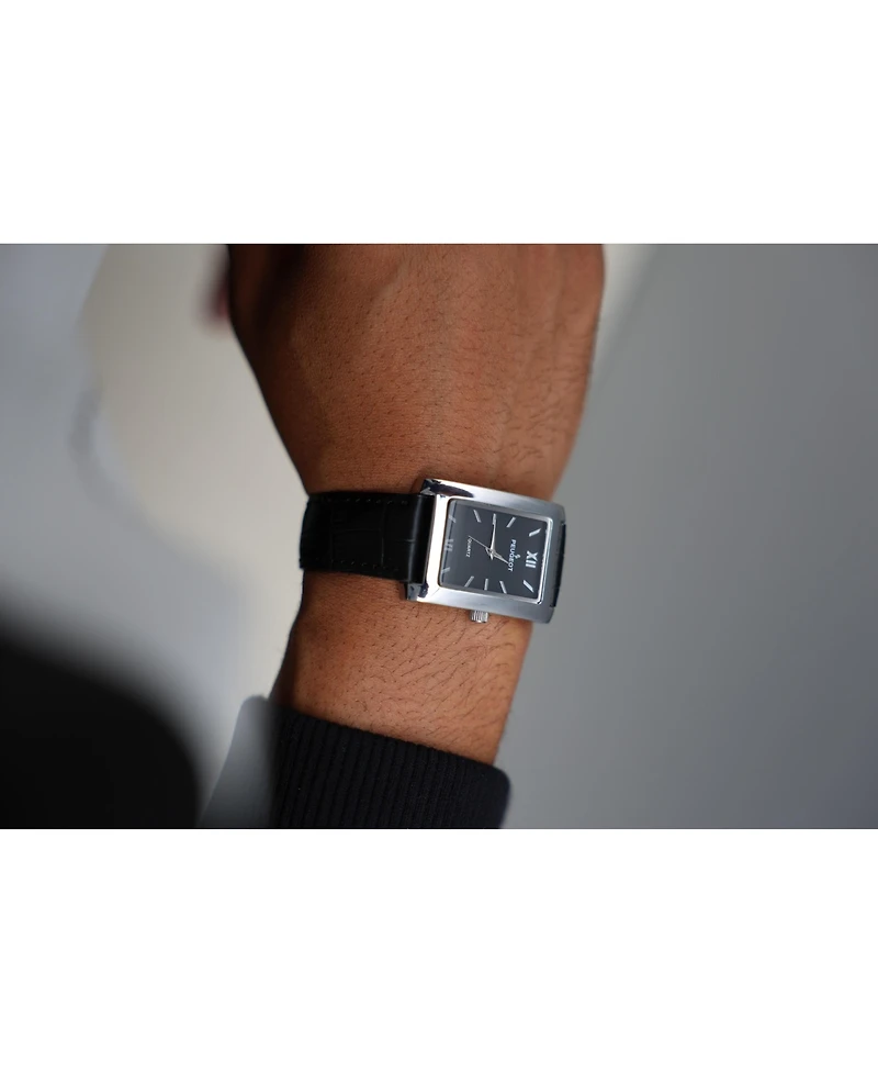 Peugeot Men's 30X40mm Silver Tank Shape Watch with Black Dial and Black Leather Strap
