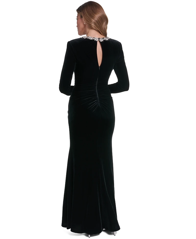 Eliza J Women's Long-Sleeve Embellished Jewel Neck Mermaid Velvet Gown