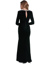 Eliza J Women's Long-Sleeve Embellished Jewel Neck Mermaid Velvet Gown