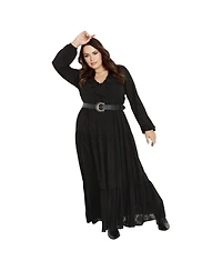 Avenue Plus Desi Floral Long-Sleeve Ruffle Dress