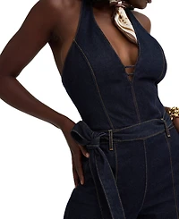 Guess Women's Emory Sleeveless Self-Tie Halter Denim Jumpsuit