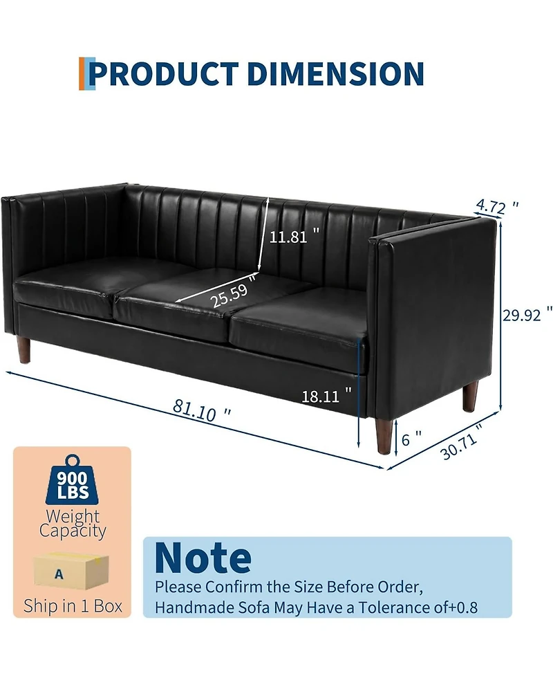 gaomon 81'' Modern Leather Couch for Living Room, Mid Century Sofa with Deep Seat, Chesterfield 3 Seat Office