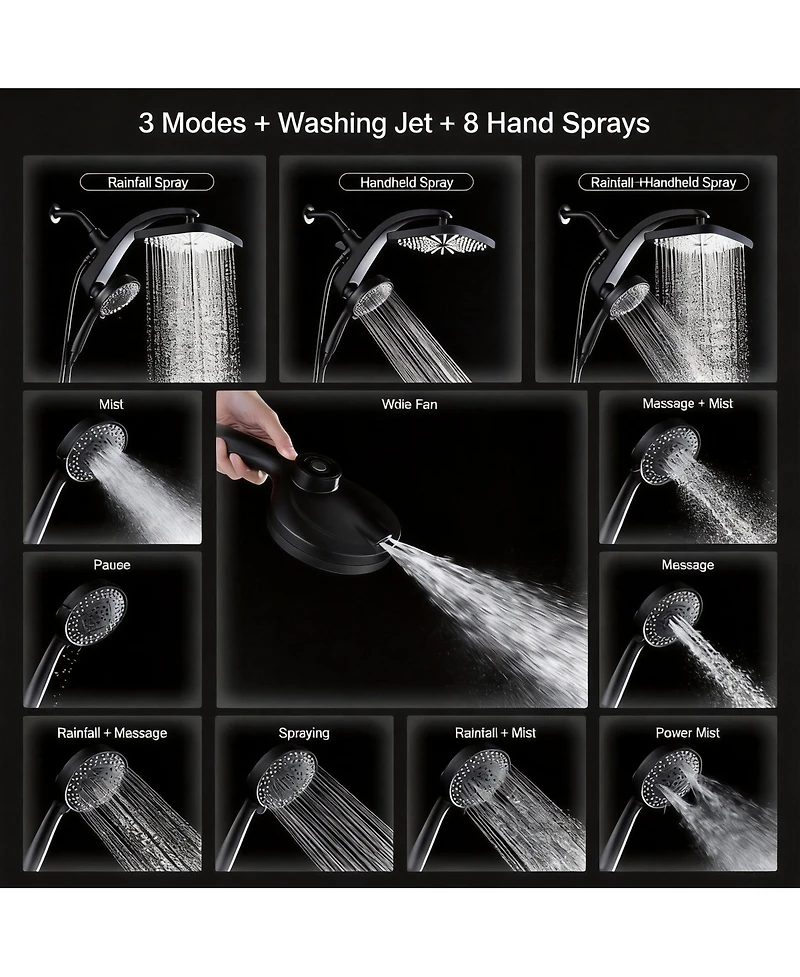 Cyqbd 1.75 Gallons Rain Shower Head Handheld Combo 9 Spray Jets Docking System