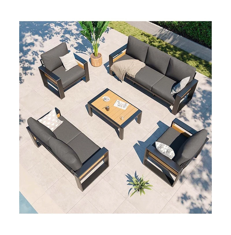 Aoxun Outdoor Patio Conversation Set Durable Aluminum Sofas, Plush Cushions, Wood Texture Table Weatherproof