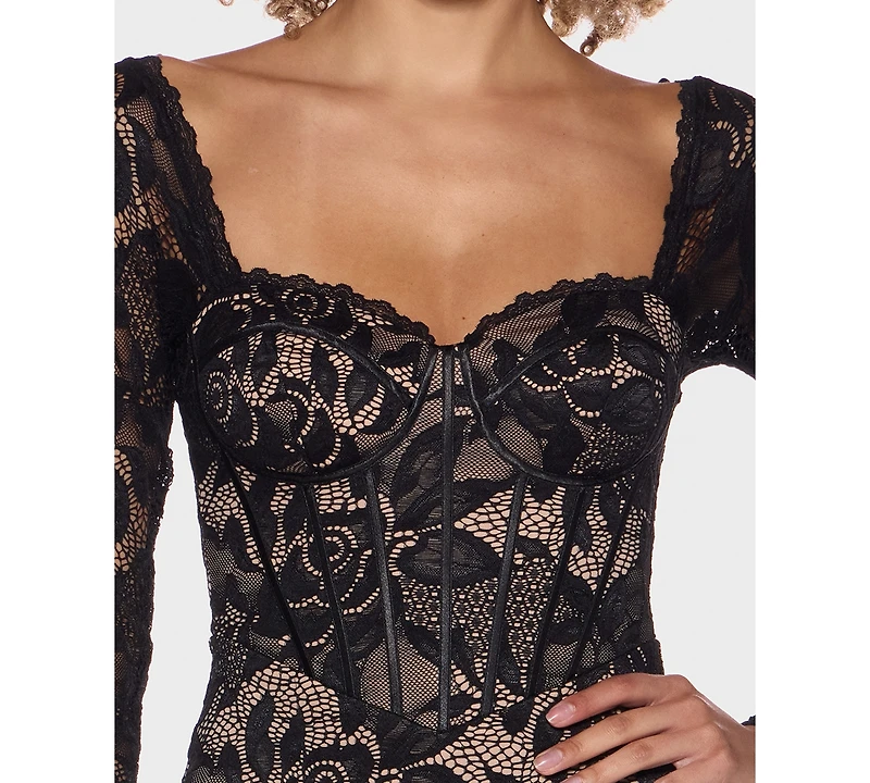 Alex & Sophia Juniors' Lace Corset Bodice Sheer Long-Sleeve Dress