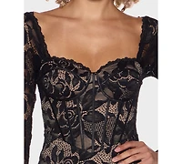 Alex & Sophia Juniors' Lace Corset Bodice Sheer Long-Sleeve Dress