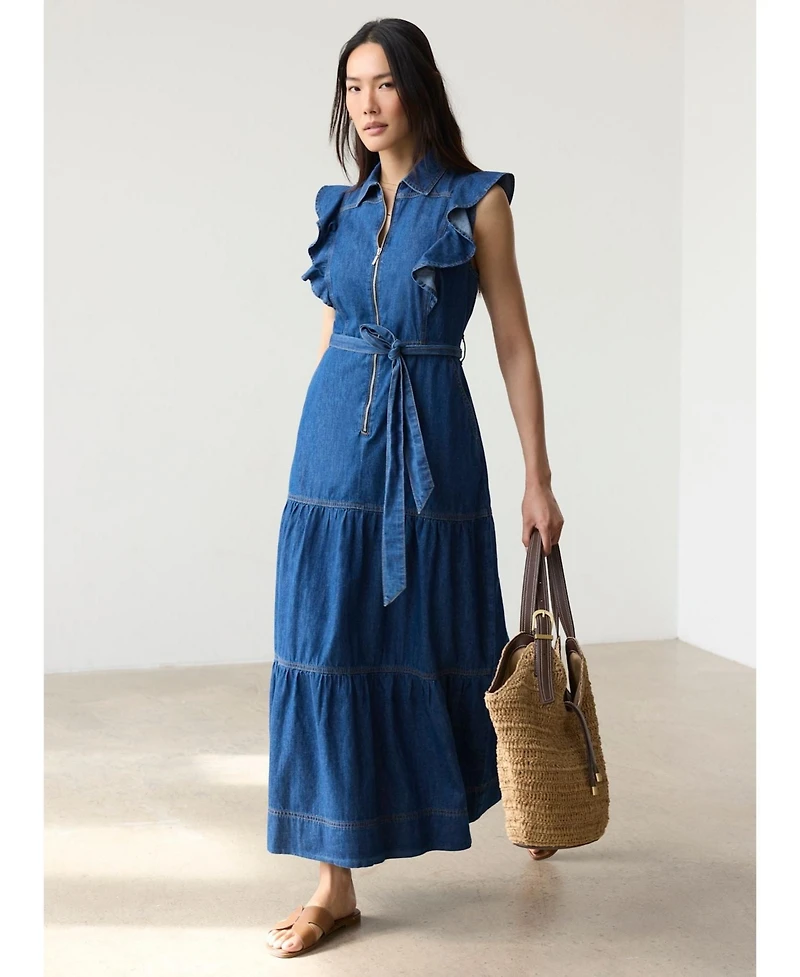 Mint Velvet Women's Denim Ruffle Maxi Shirt Dress