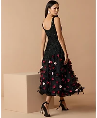 Mac Duggal Petite Black Sleeveless Beaded Midi Dress With 3D Flowers