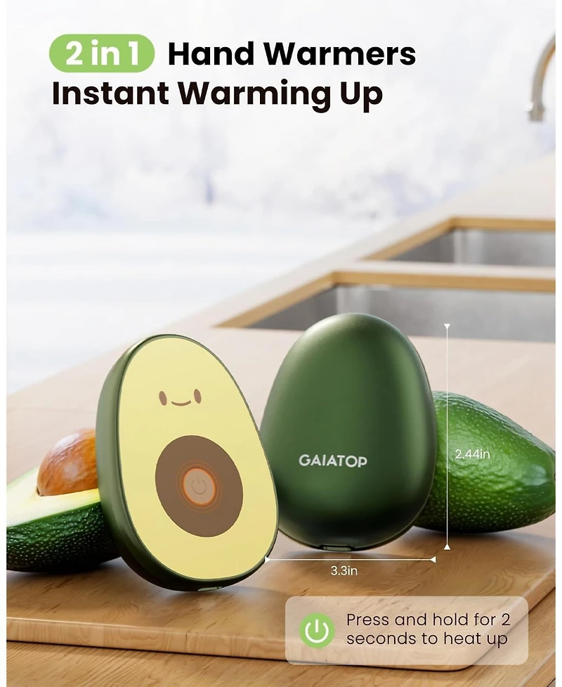 Gaiatop Rechargeable Hand Warmers 2-Pack, Magnetic Avocado Design, 3 Heat Settings, Portable Pocket Heater, Reusable Electric Hand Warmers