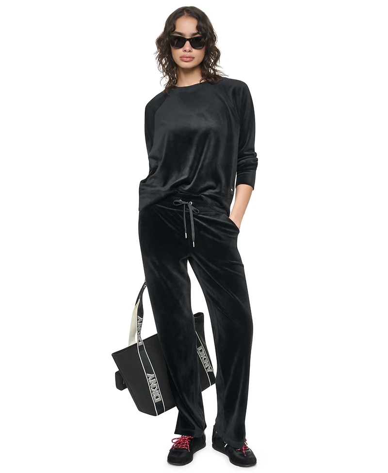 Dkny Sport Women's Velour Raglan Long-Sleeve Pullover Top with Metallic Logo Satin Patch