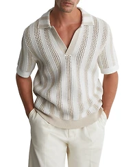 Reiss Men's Globe Slim-Fit Crochet-Knit Stripe Cotton-Blend Polo Shirt